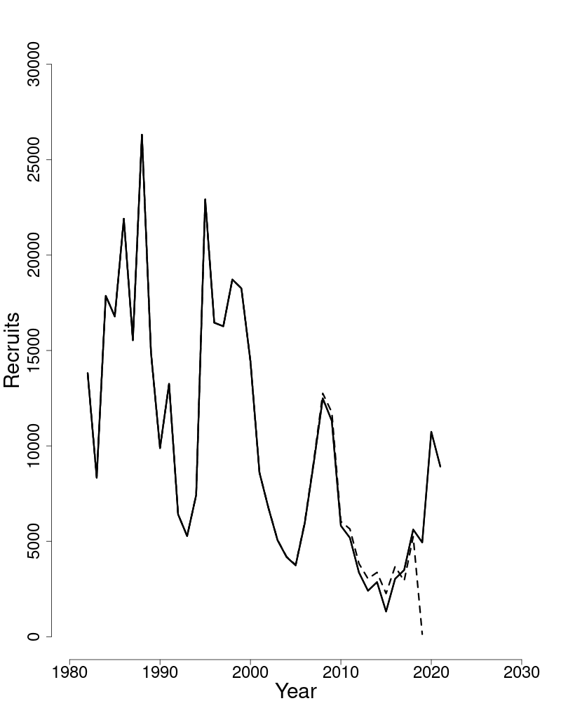 Estimated trends in recruitment of Georges Bank winter flounder.