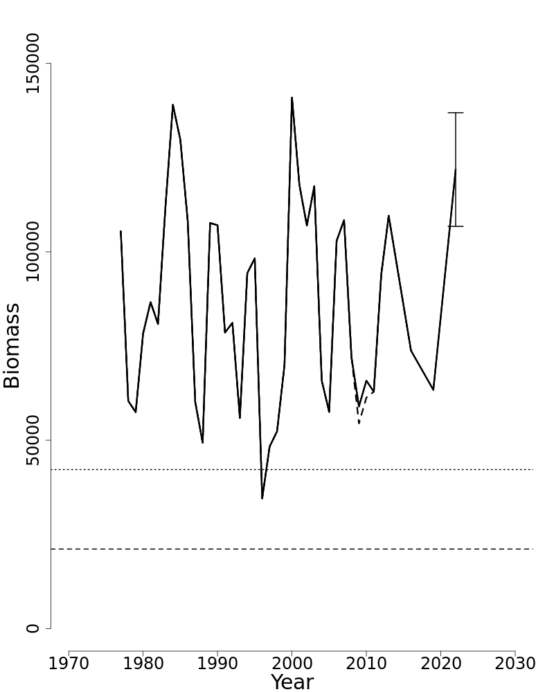 Spawning stock biomass trends over time for Longfin inshore squid.